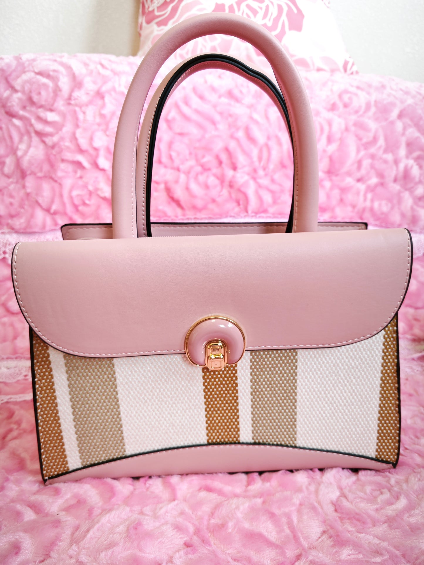 Soft Pink & Tan Stripe 2-Piece Handbag