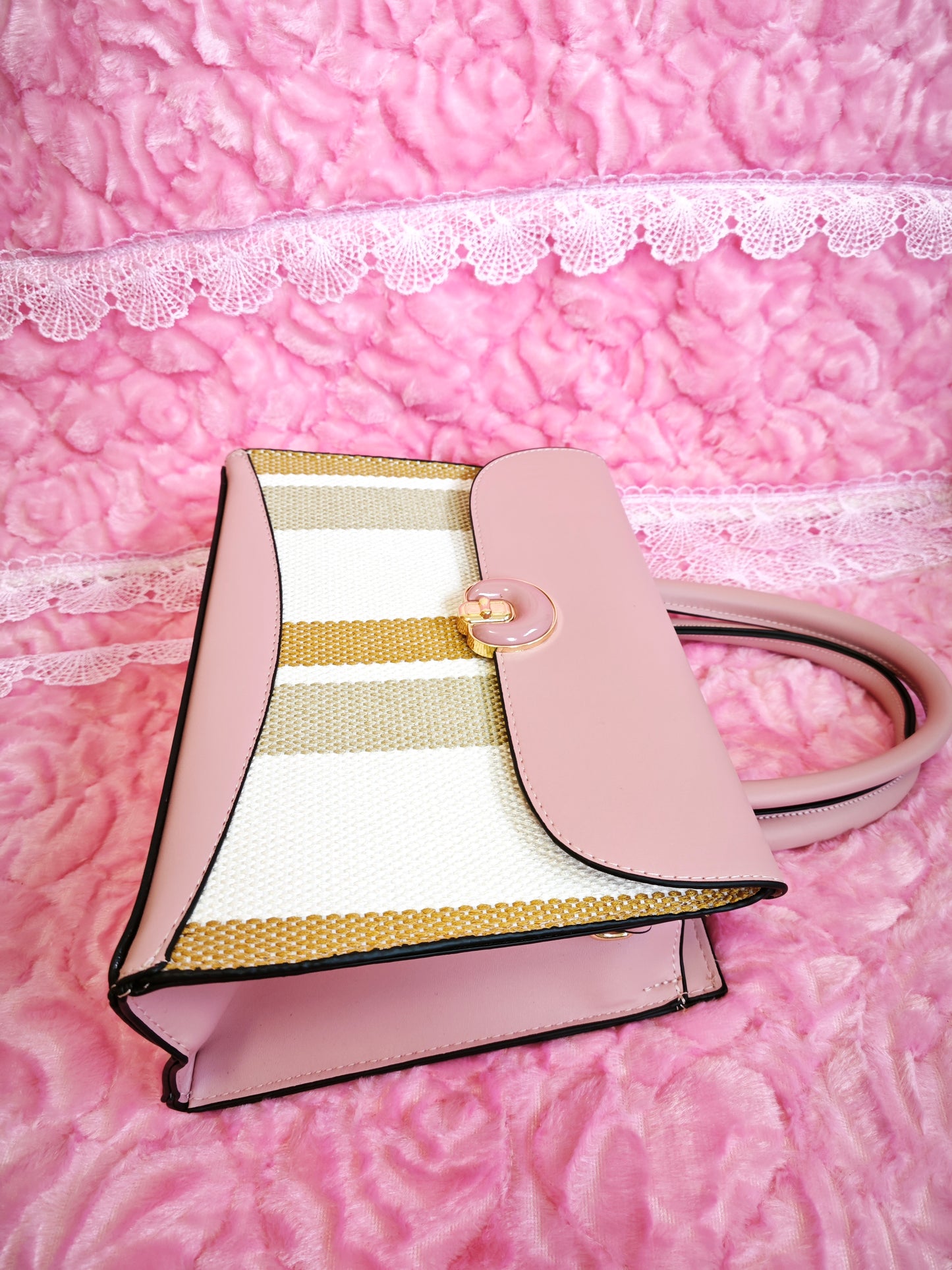 Soft Pink & Tan Stripe 2-Piece Handbag