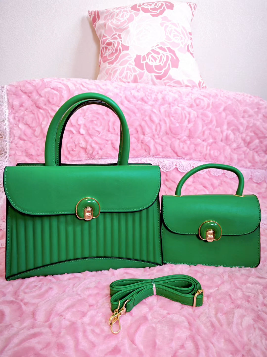 Emerald Green Pleated 2-Piece Handbag