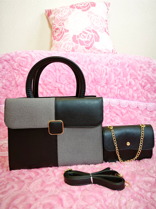 Black & Gray Textured 2-Piece Handbag