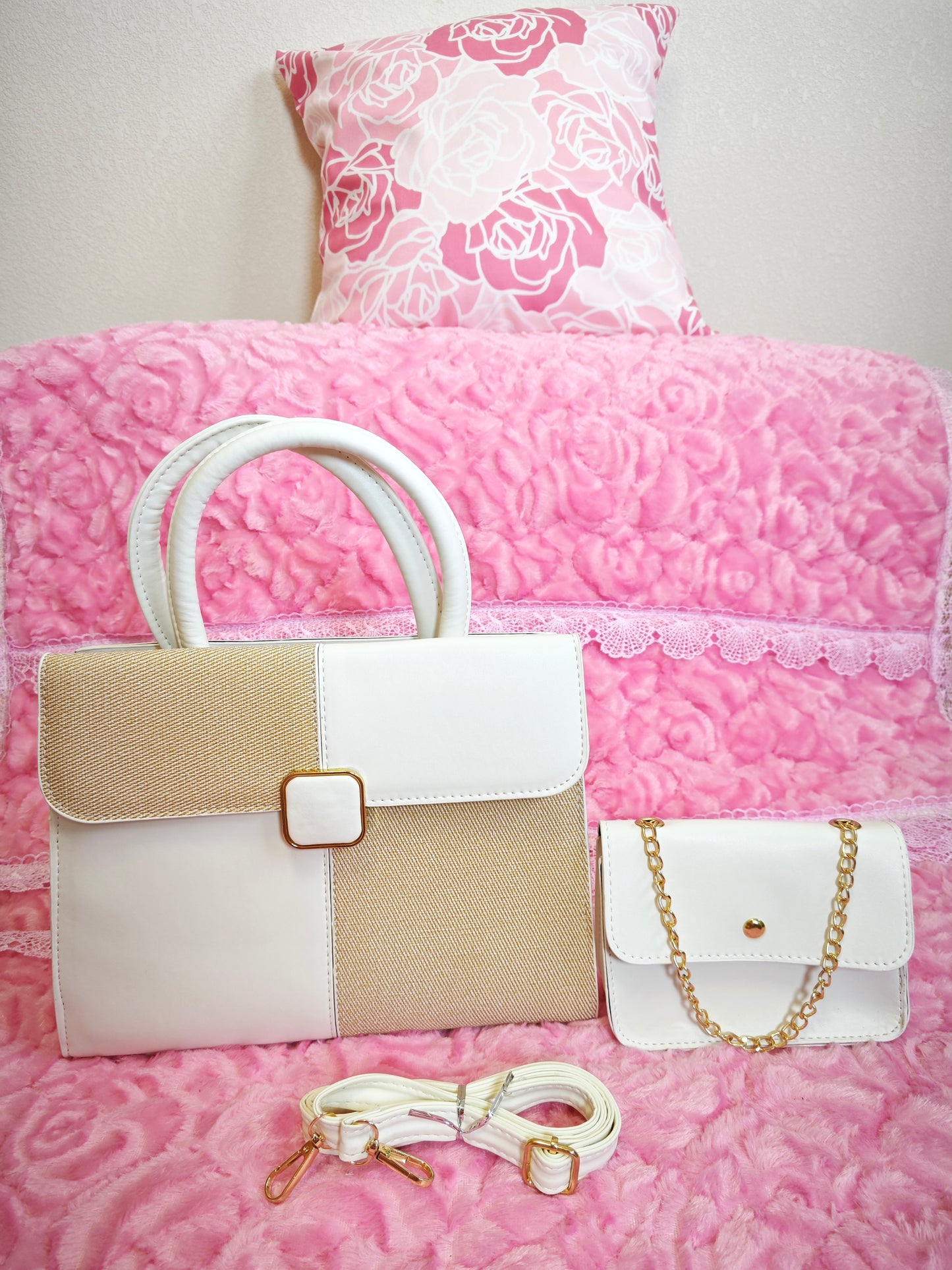 Off-White & Light Brown Textured 2-Piece Handbag