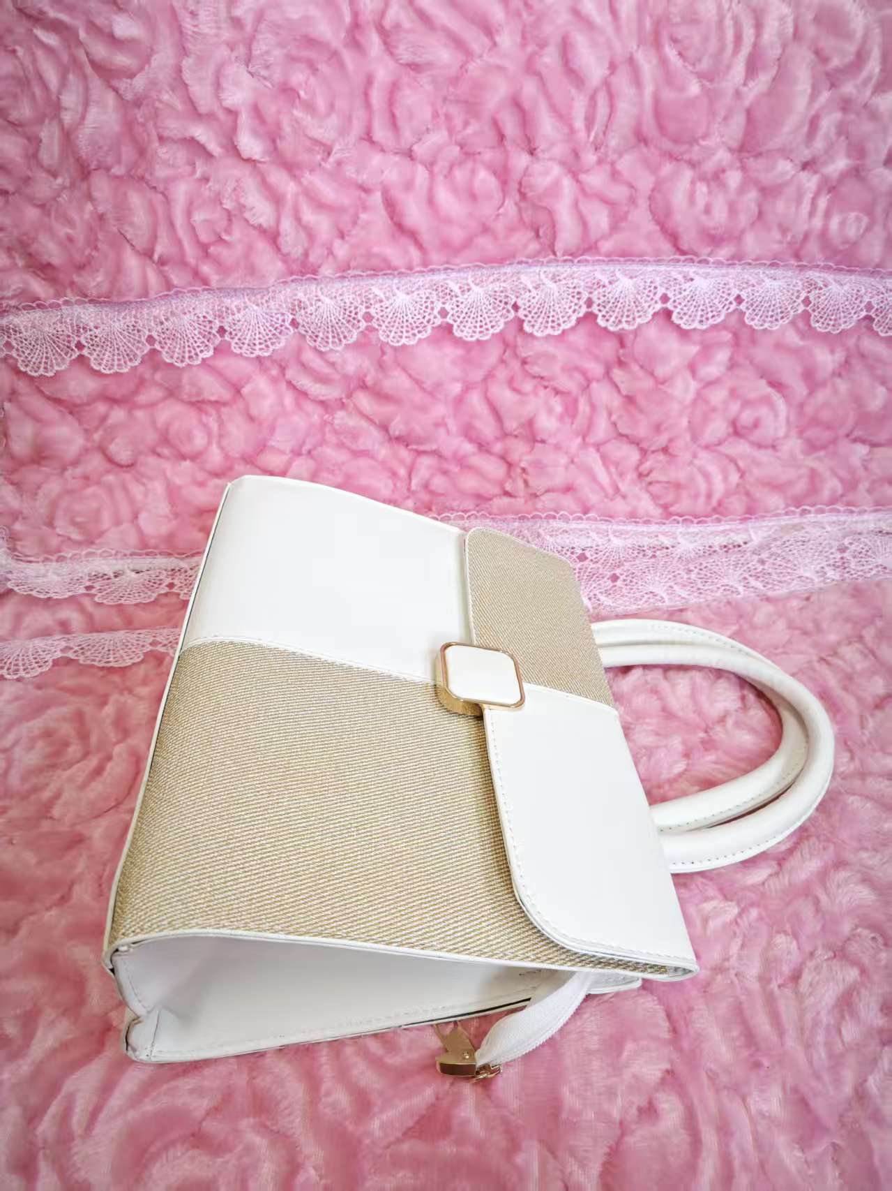 Off-White & Light Brown Textured 2-Piece Handbag