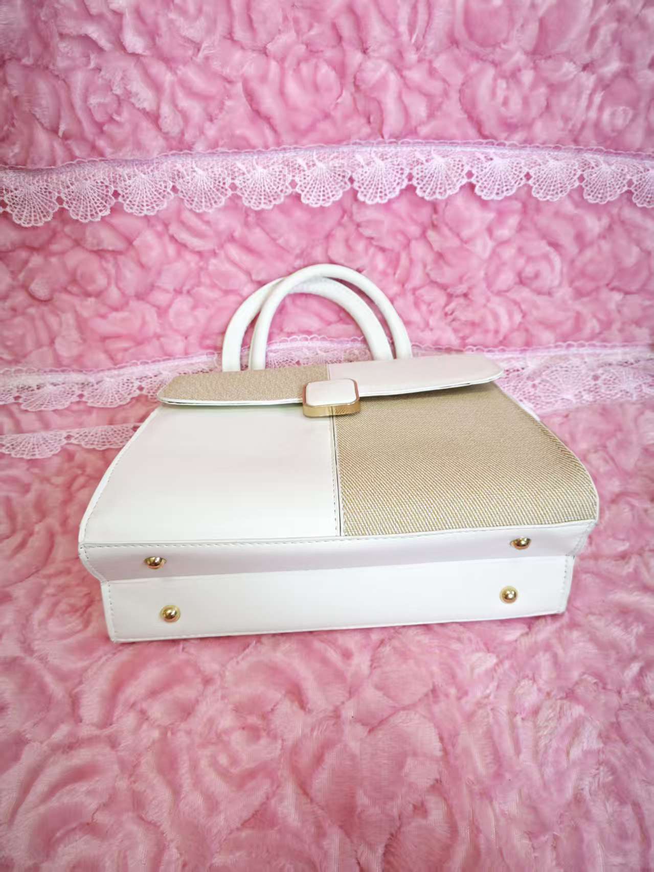 Off-White & Light Brown Textured 2-Piece Handbag