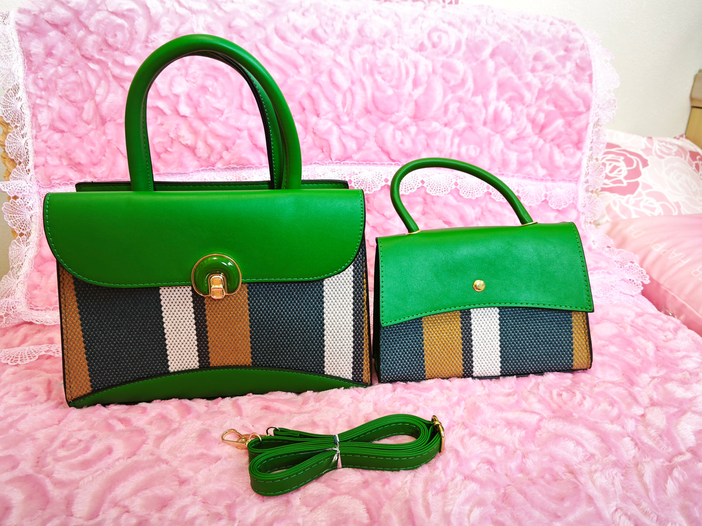 Emerald Green & Multi-Stripe 2-Piece Handbag