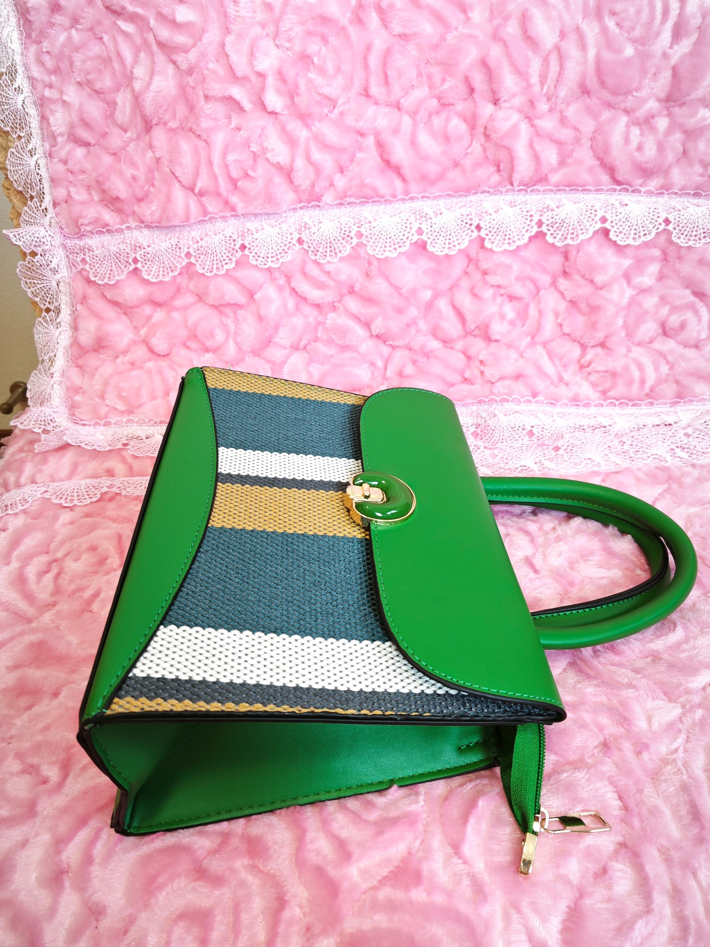 Emerald Green & Multi-Stripe 2-Piece Handbag