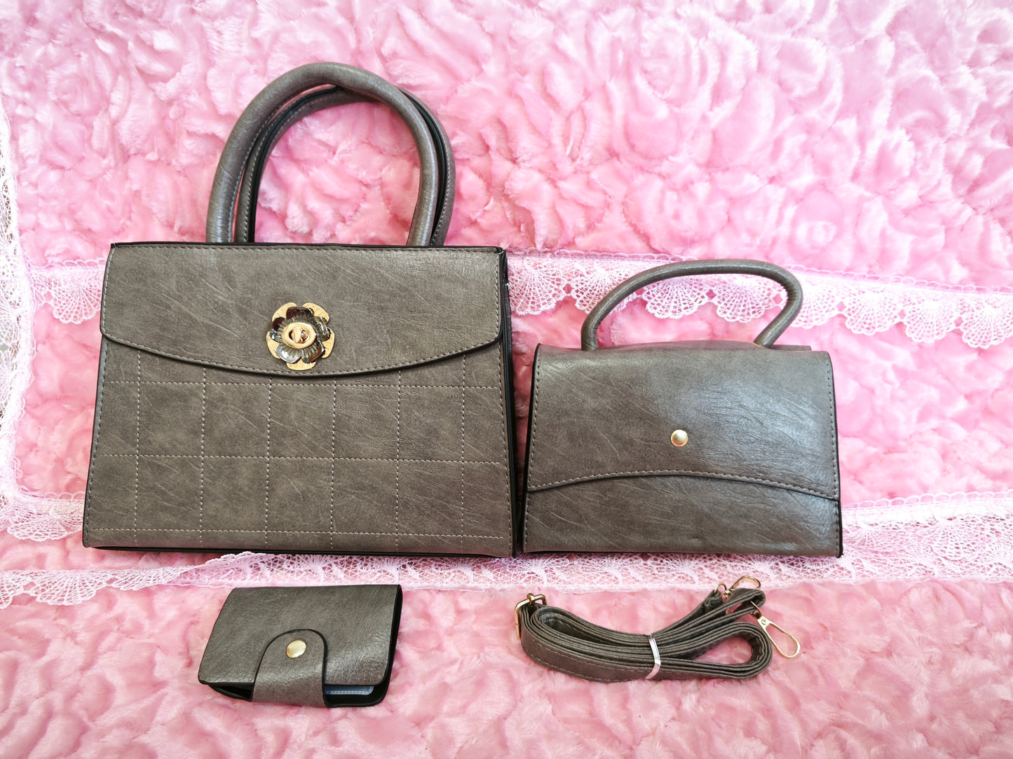 Dark Gray Quilted 3-Piece Handbag