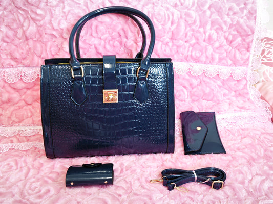 Navy Patent Crocodile 3-Piece Handbag