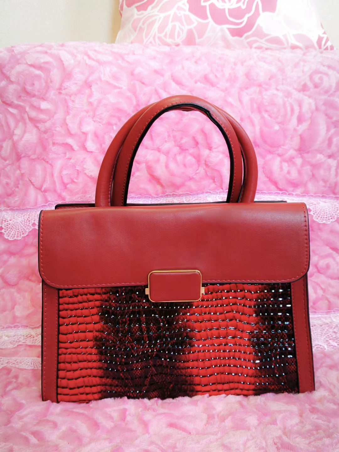 Burgundy & Snake-Print 2-Piece Handbag