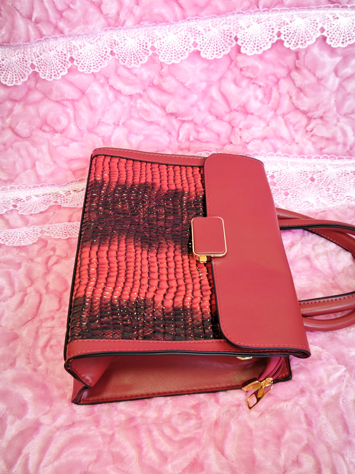 Burgundy & Snake-Print 2-Piece Handbag
