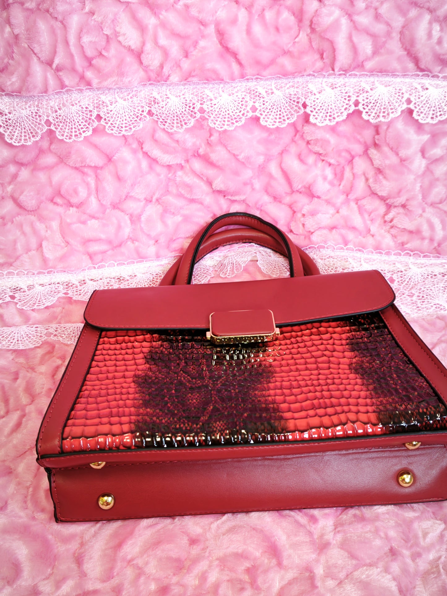 Burgundy & Snake-Print 2-Piece Handbag