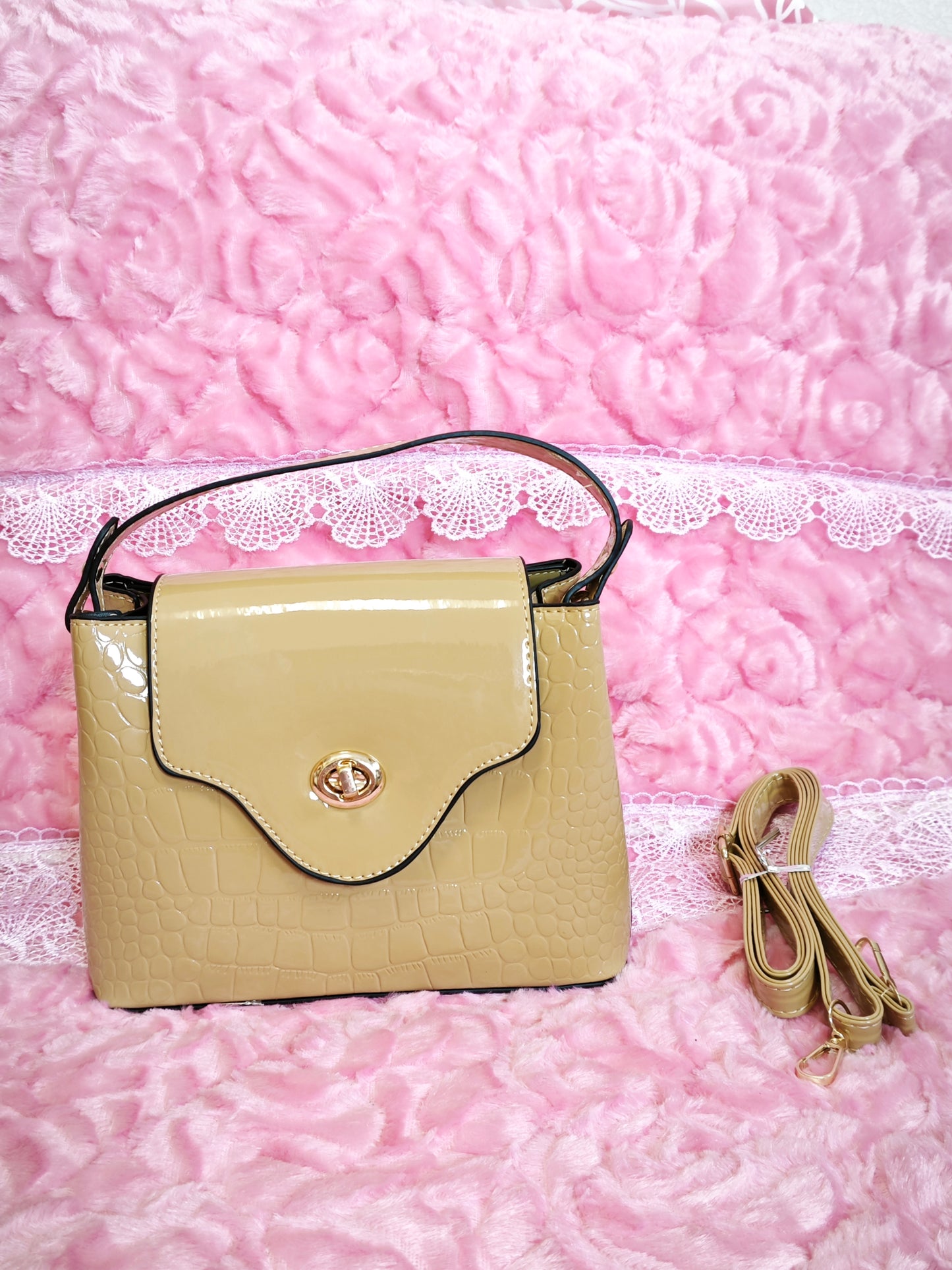 Light Khaki Patent Crocodile Handbag