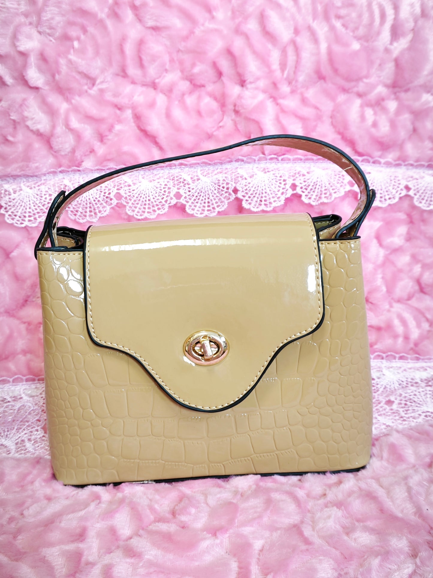 Light Khaki Patent Crocodile Handbag