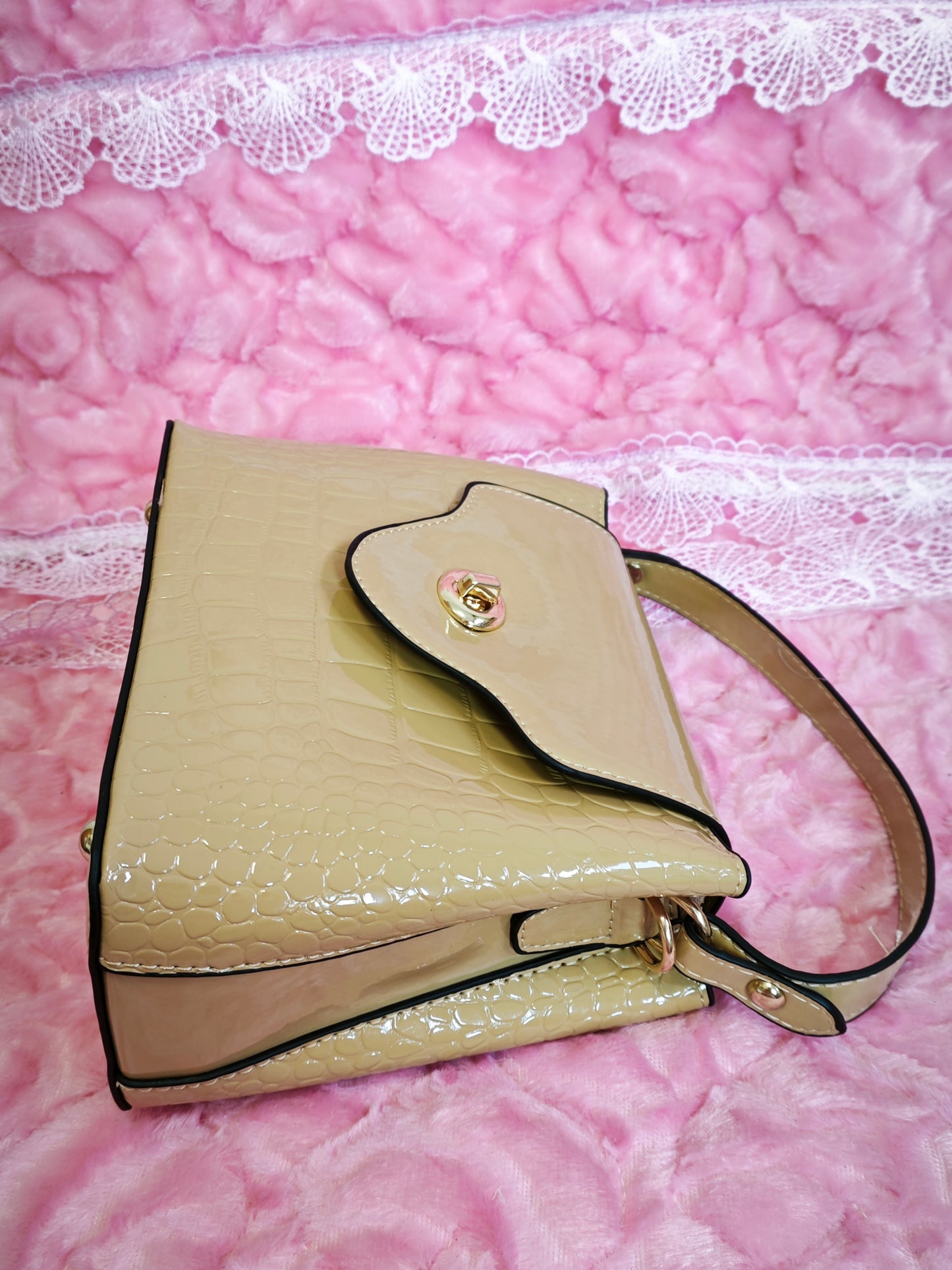 Light Khaki Patent Crocodile Handbag