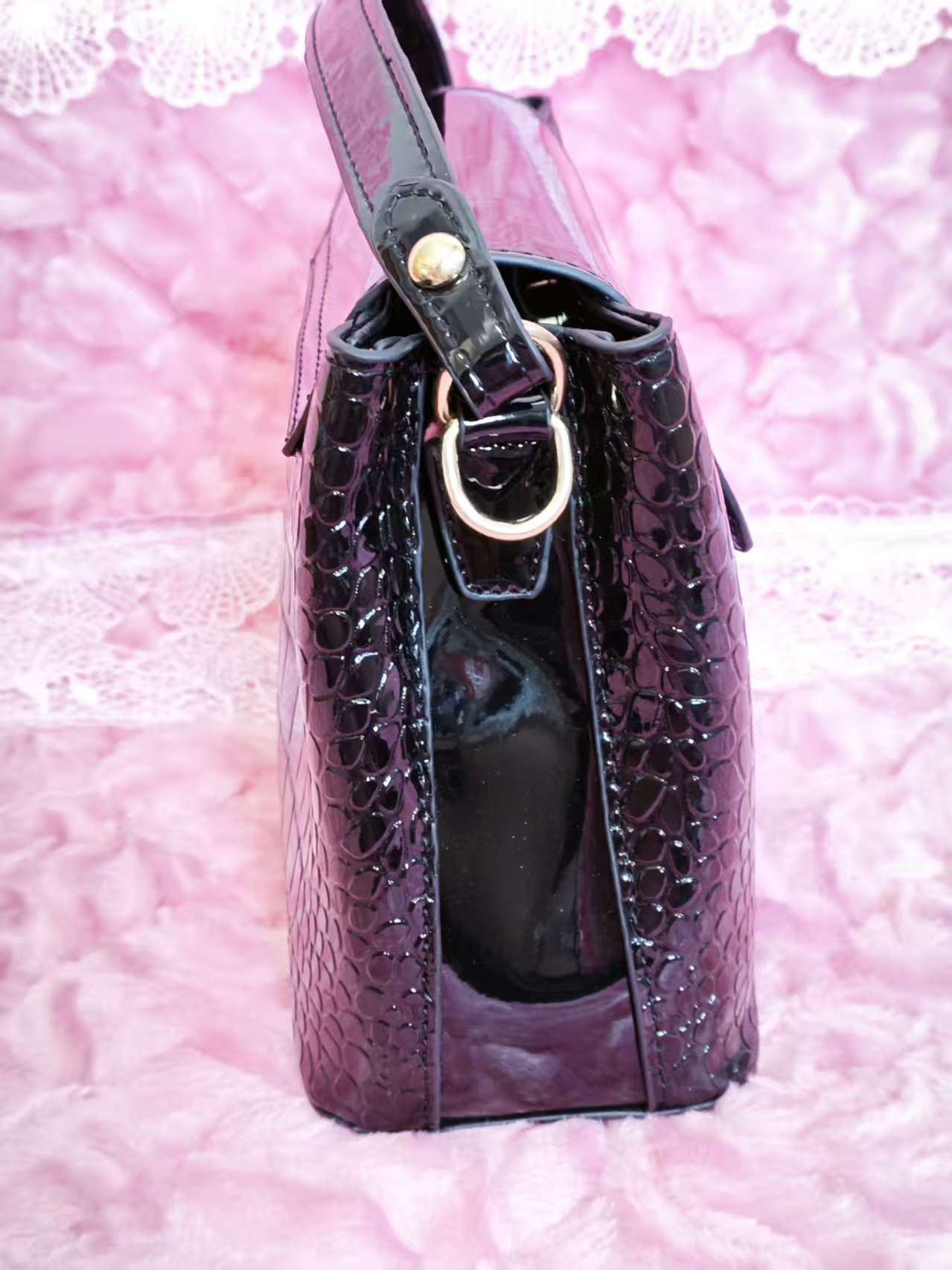 Black Patent Crocodile Handbag