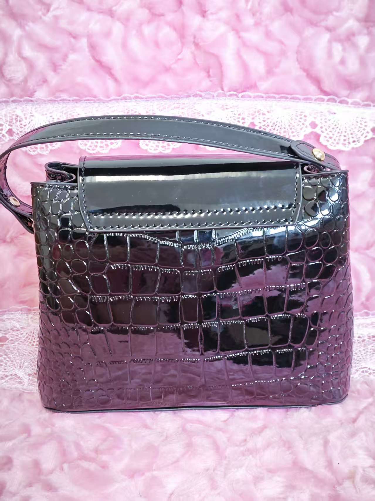 Black Patent Crocodile Handbag