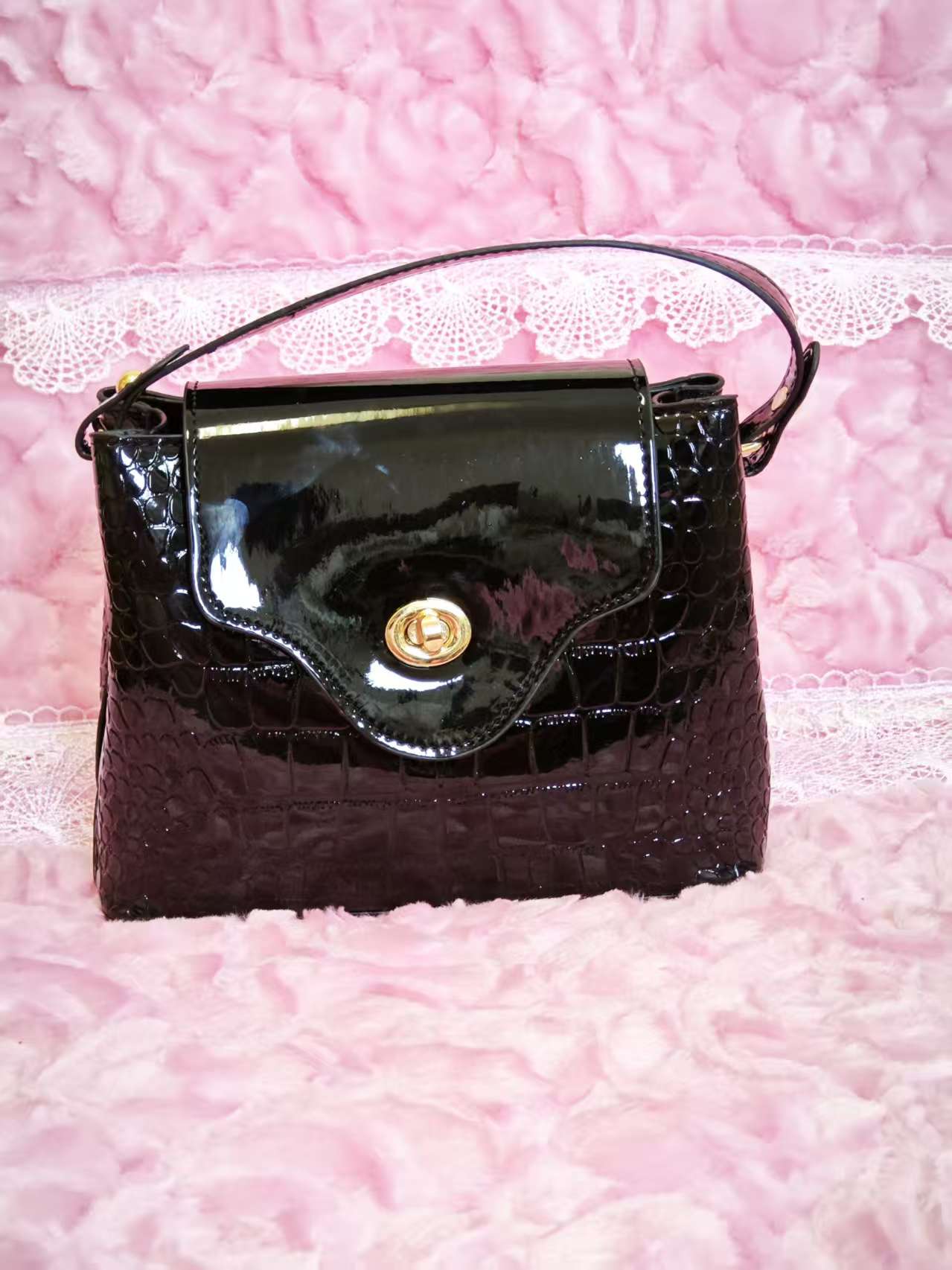 Black Patent Crocodile Handbag