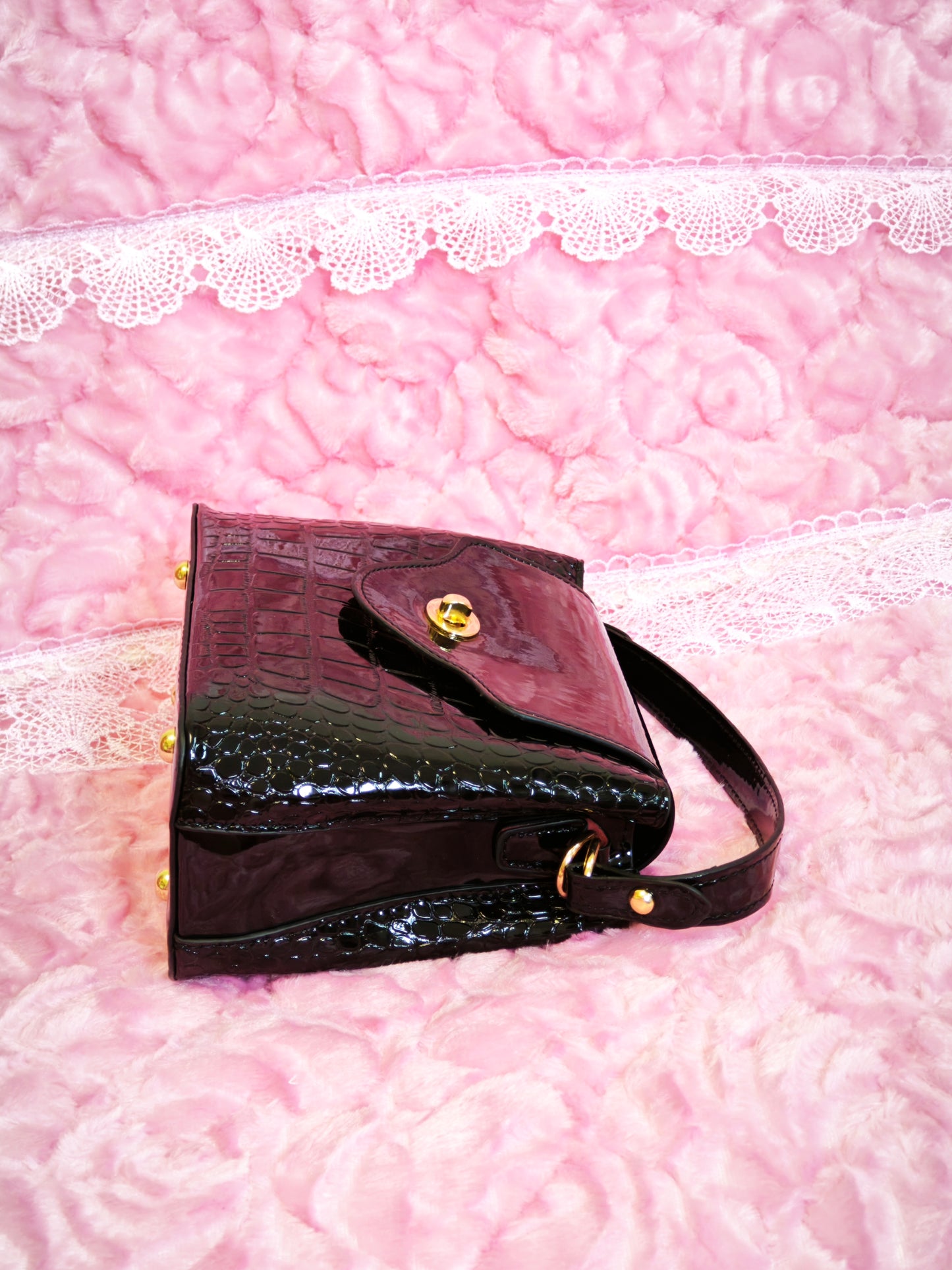 Black Patent Crocodile Handbag