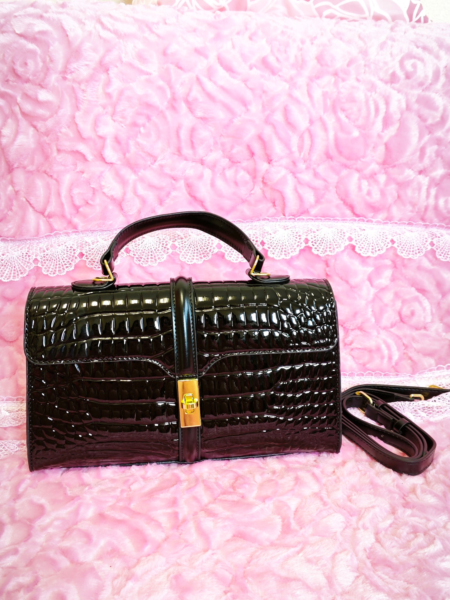 Black Patent Crocodile Handbag