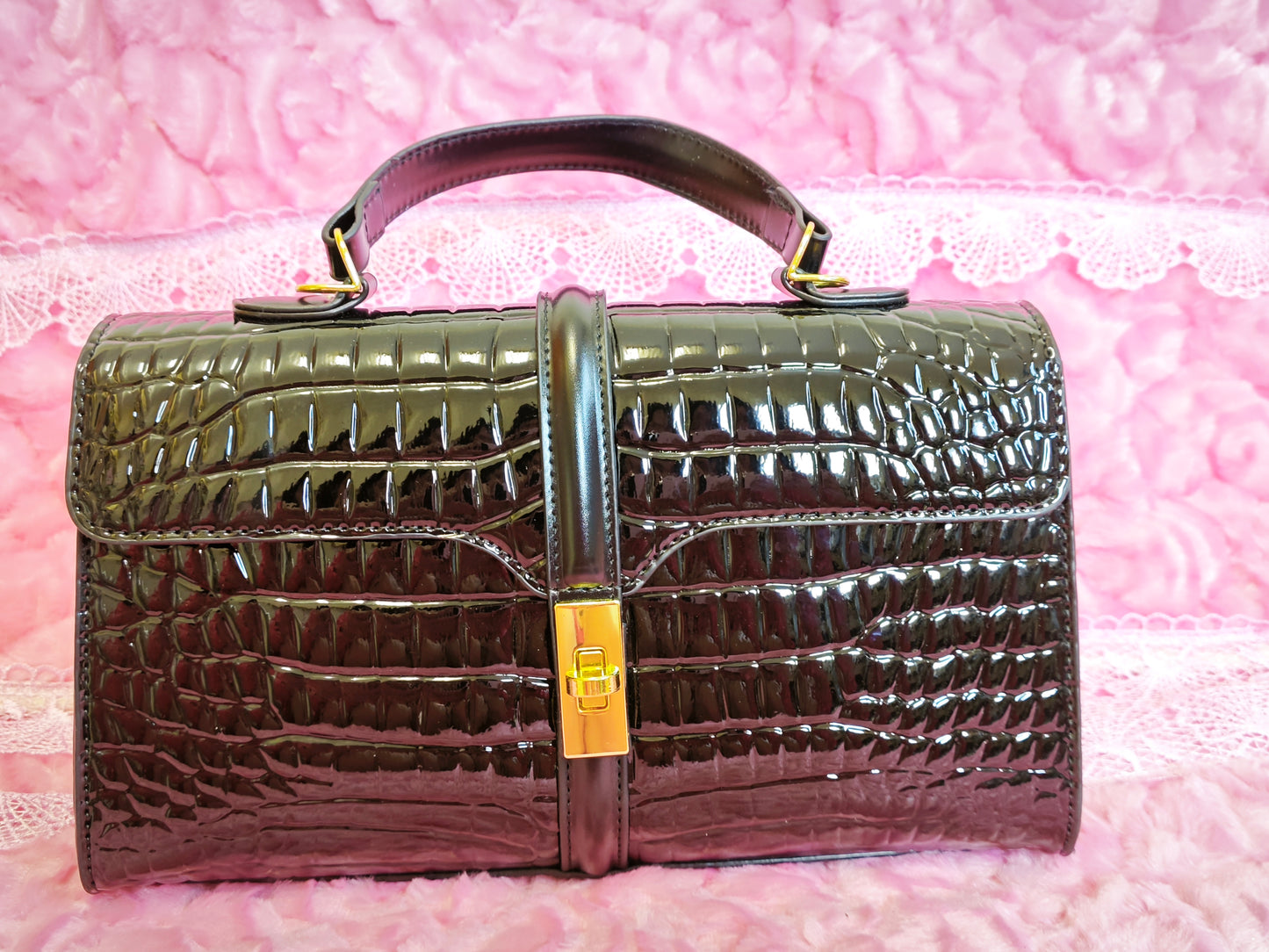 Black Patent Crocodile Handbag