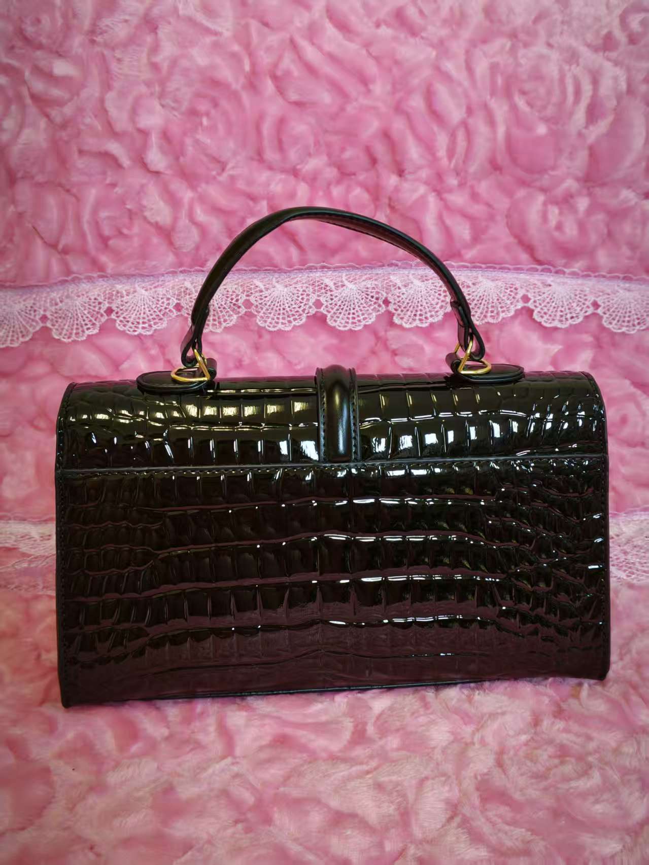 Black Patent Crocodile Handbag