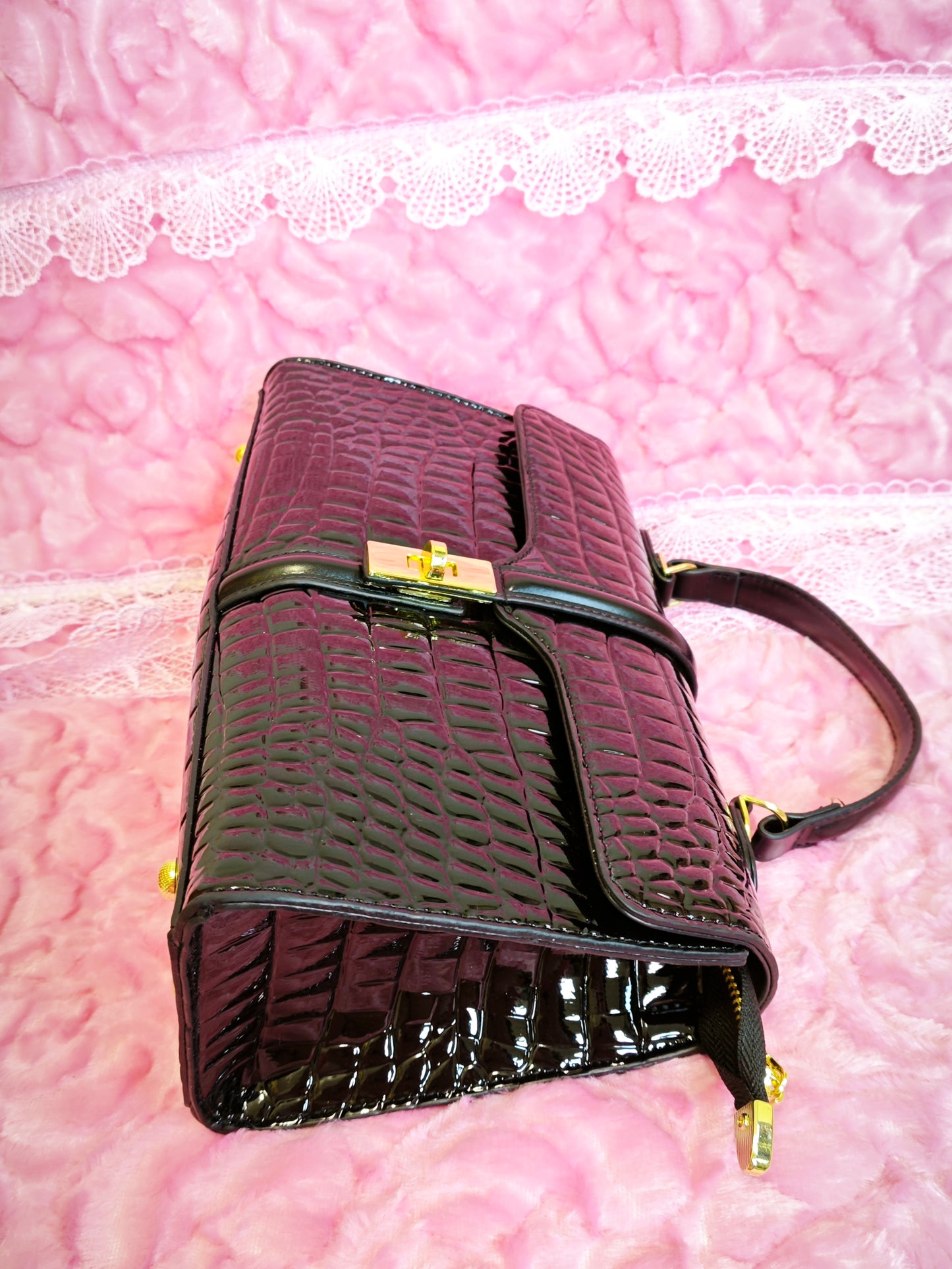 Black Patent Crocodile Handbag