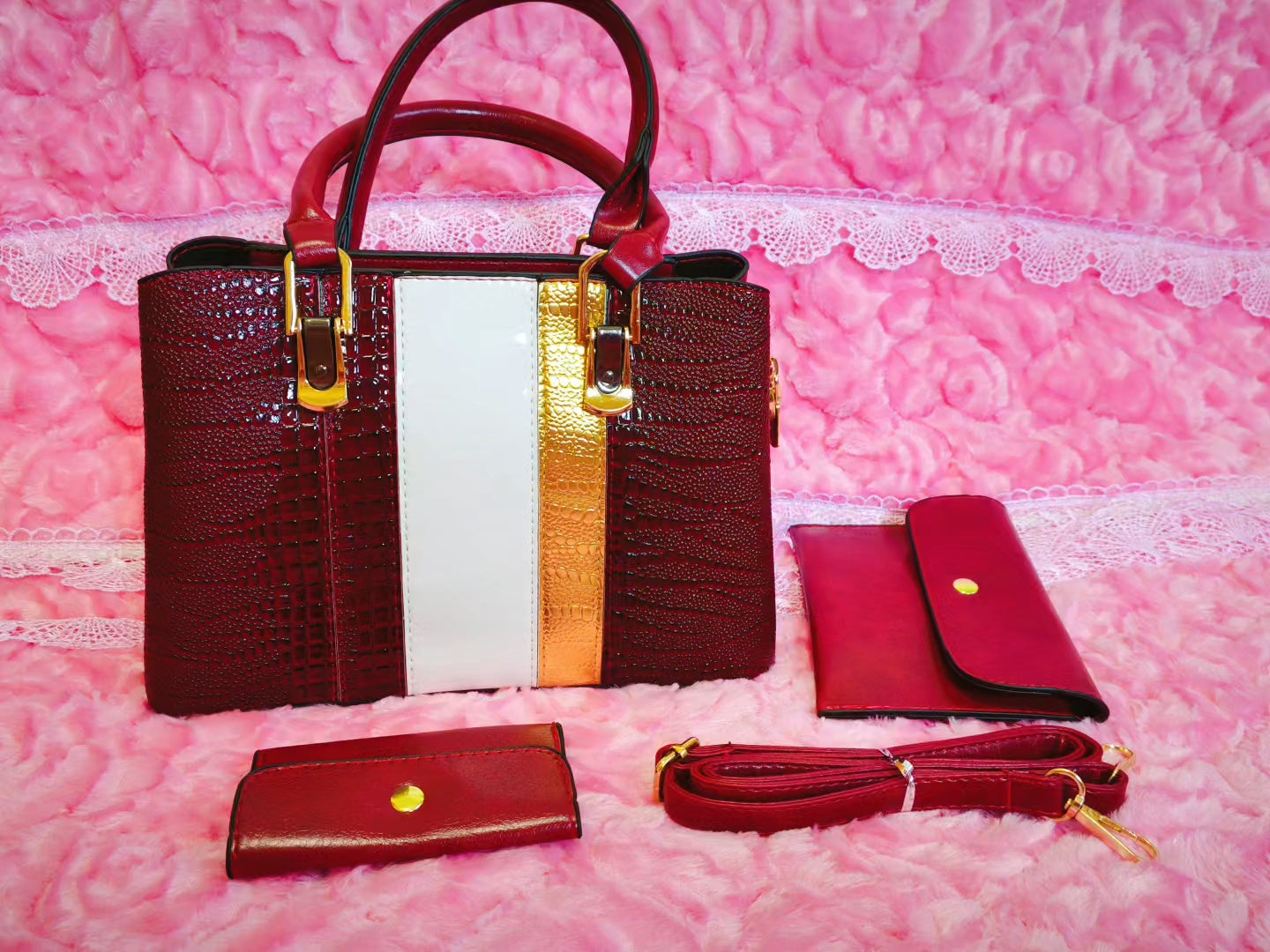 Burgundy & Gold-White Crocodile-Print 3-Piece Handbag
