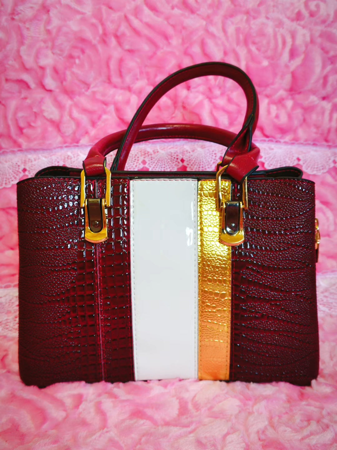 Burgundy & Gold-White Crocodile-Print 3-Piece Handbag