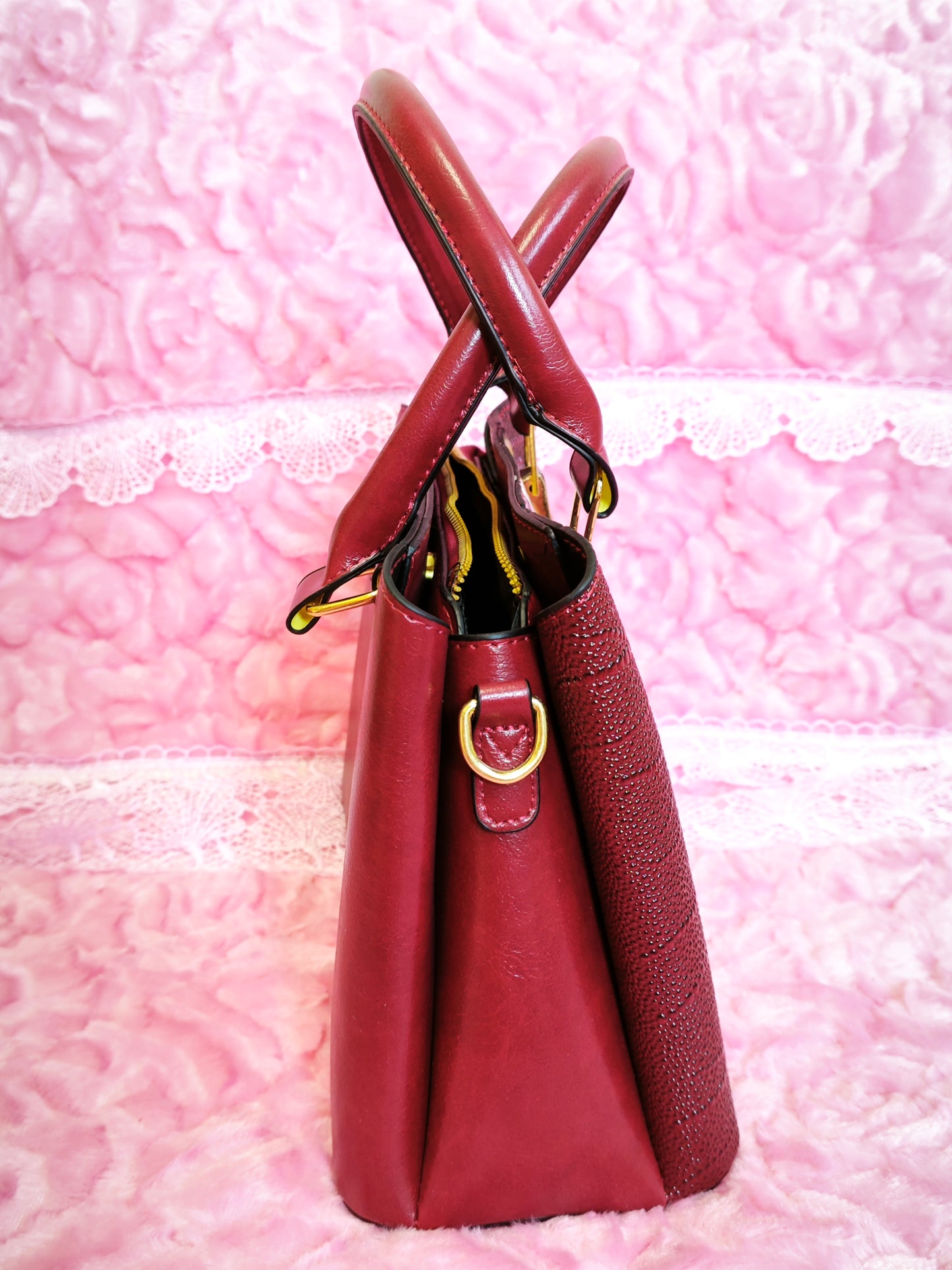 Burgundy & Gold-White Crocodile-Print 3-Piece Handbag