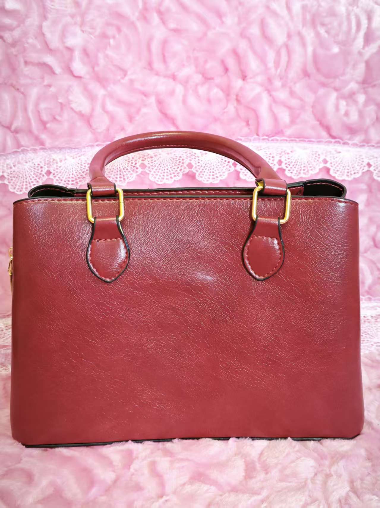 Burgundy & Gold-White Crocodile-Print 3-Piece Handbag