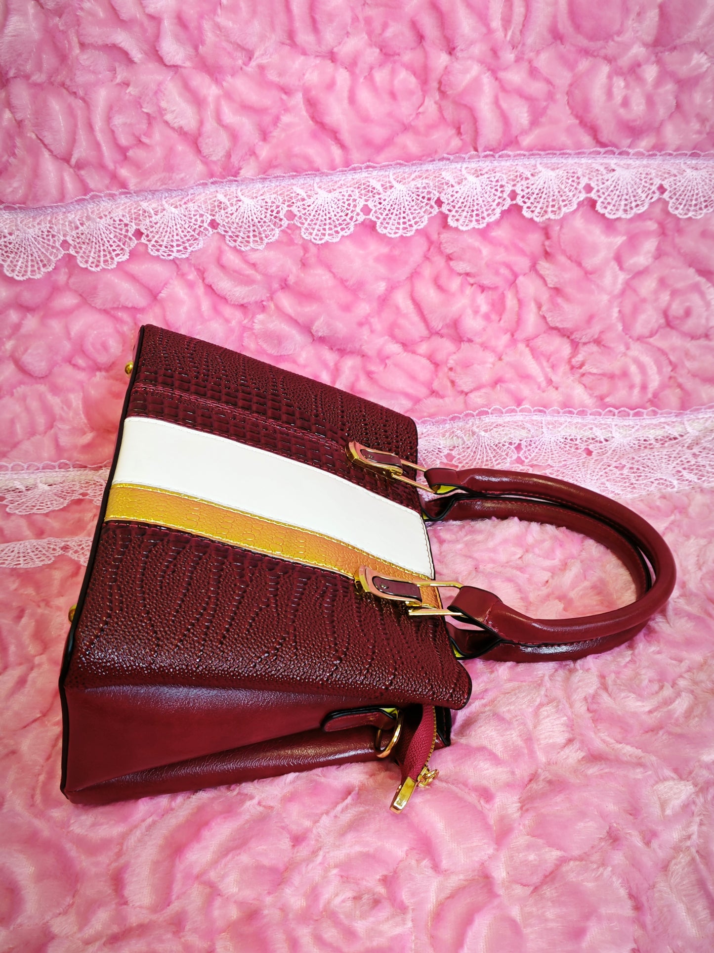 Burgundy & Gold-White Crocodile-Print 3-Piece Handbag