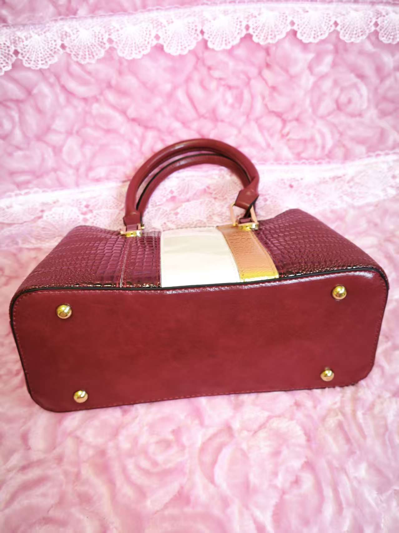Burgundy & Gold-White Crocodile-Print 3-Piece Handbag