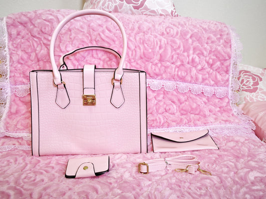 Soft Pink Patent Crocodile 3-Piece Handbag
