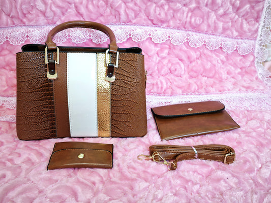 Tan & Gold-White Crocodile-Print 3-Piece Handbag
