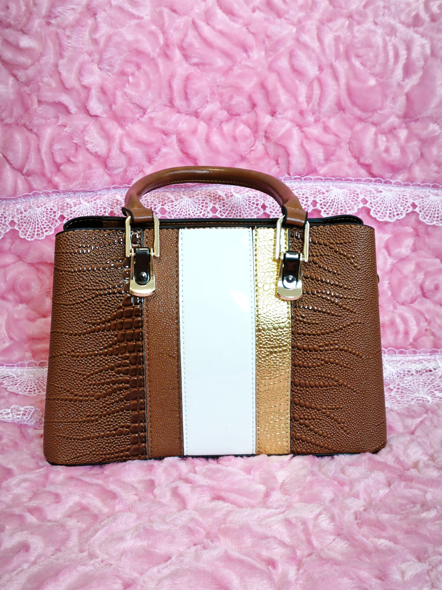 Tan & Gold-White Crocodile-Print 3-Piece Handbag