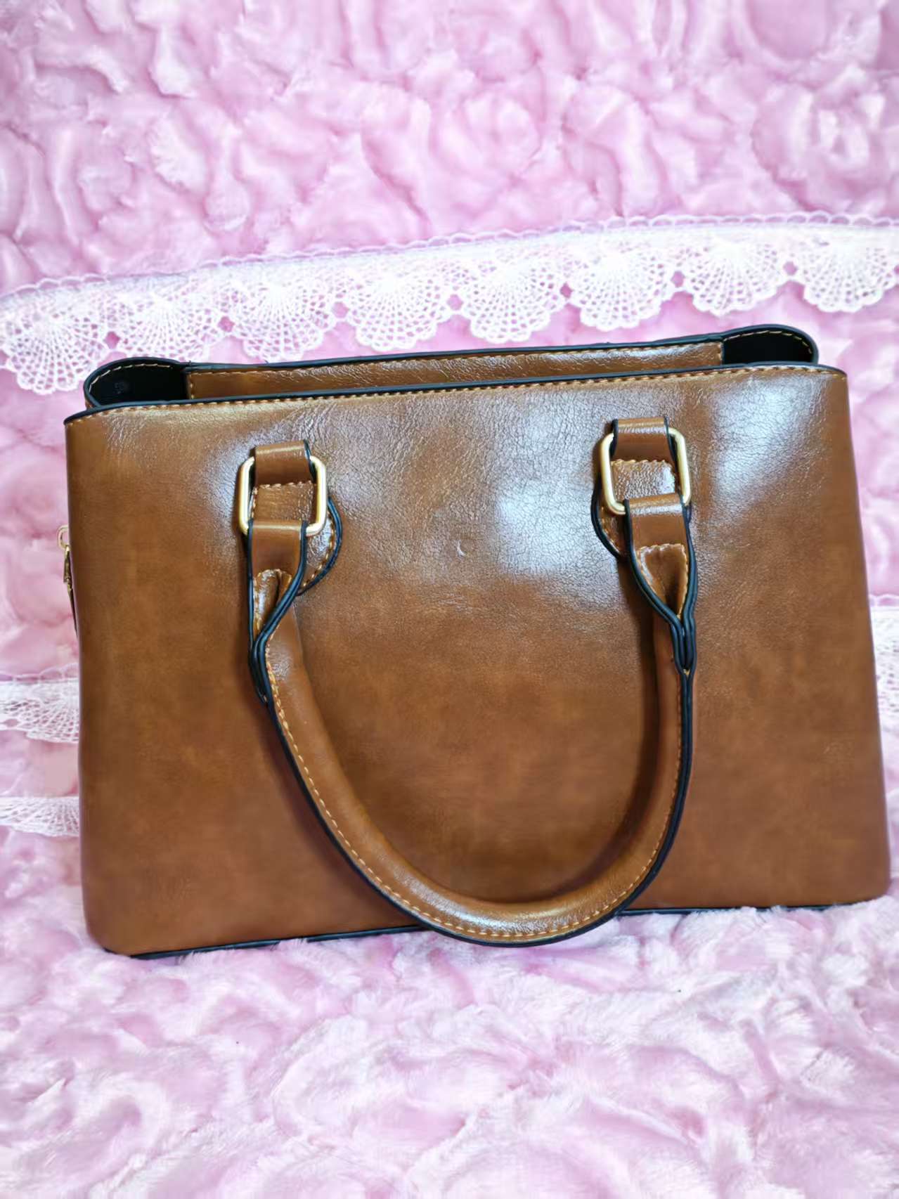 Tan & Gold-White Crocodile-Print 3-Piece Handbag