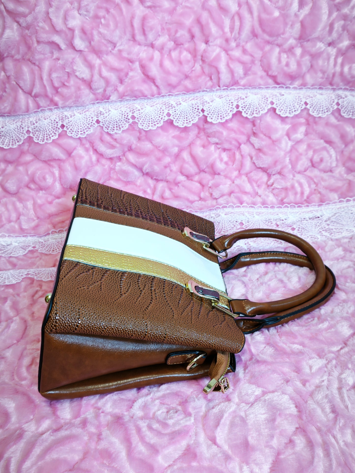 Tan & Gold-White Crocodile-Print 3-Piece Handbag