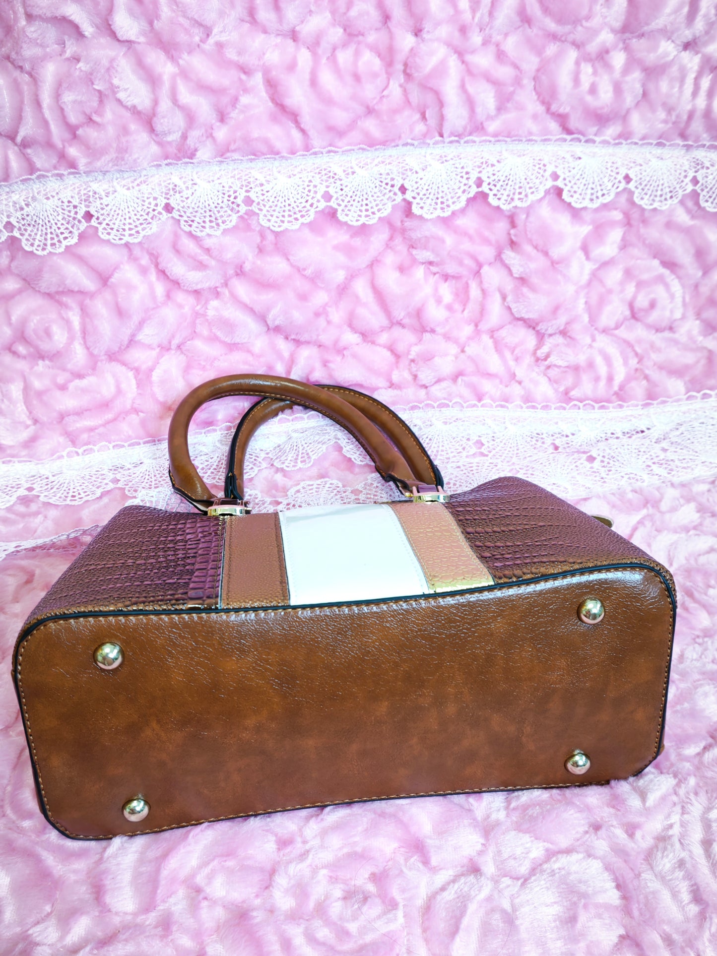 Tan & Gold-White Crocodile-Print 3-Piece Handbag