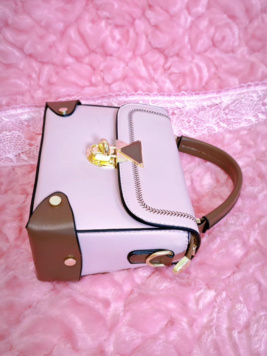 Light Purple & Brown Stitched Handbag