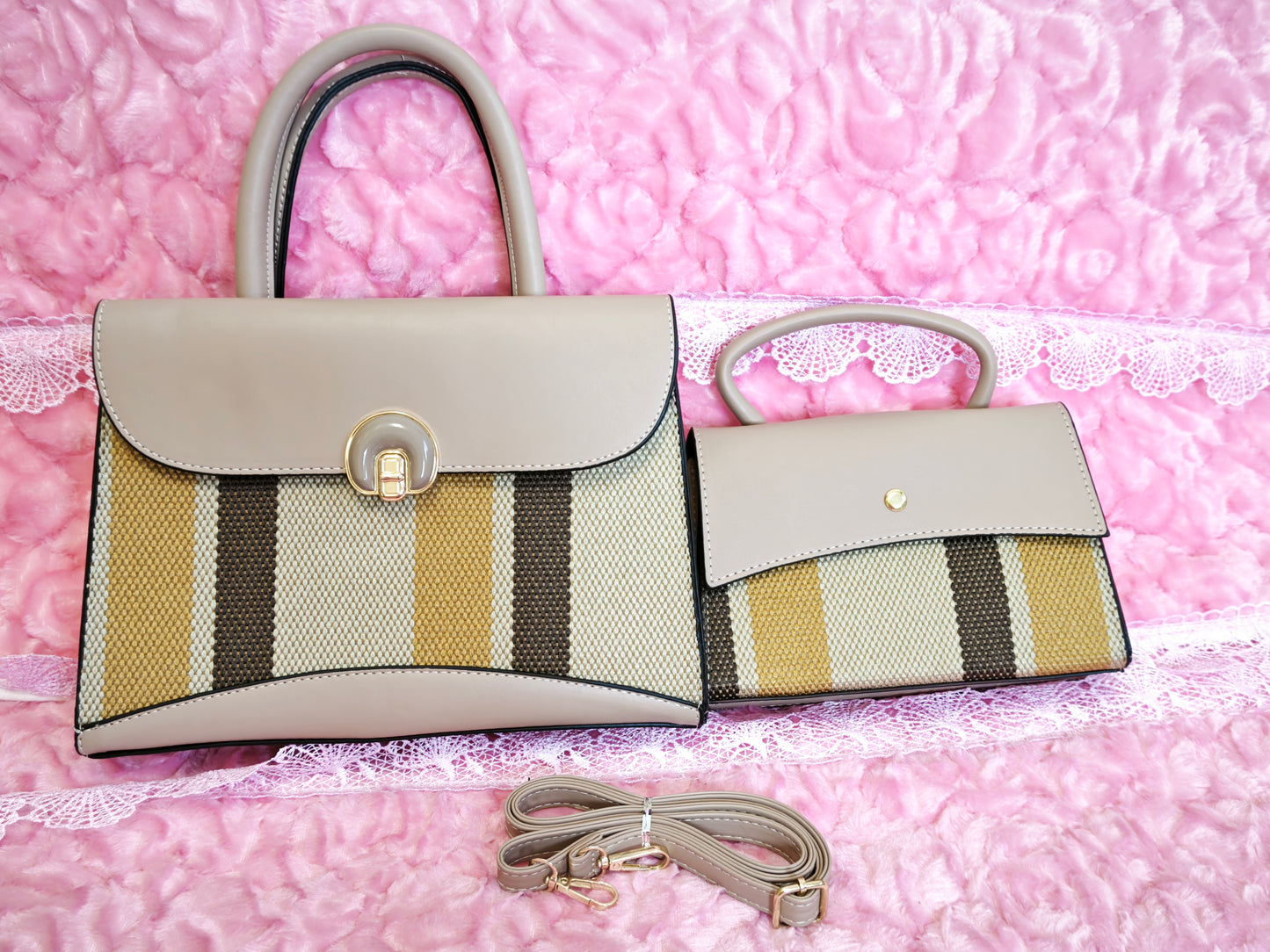 Light Apricot & Striped 2-Piece Handbag