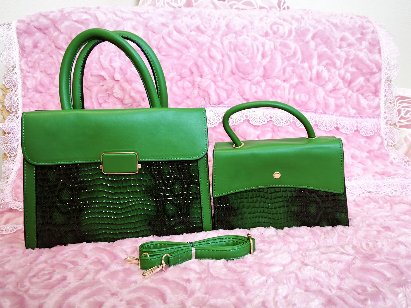 Dark Green & Crocodile-Print 2-Piece Handbag