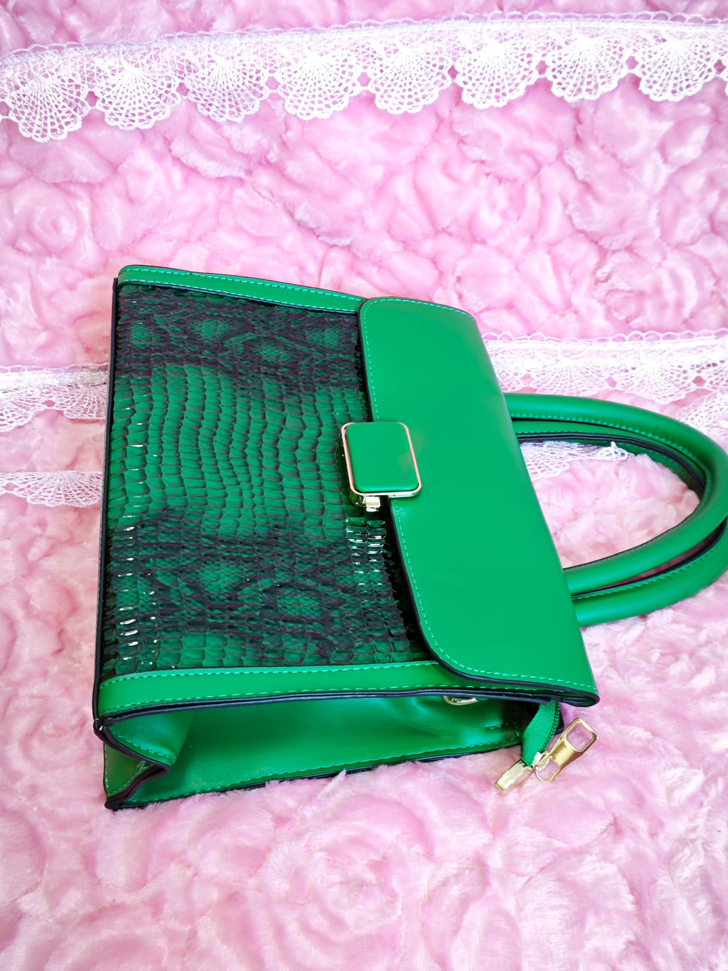 Dark Green & Crocodile-Print 2-Piece Handbag