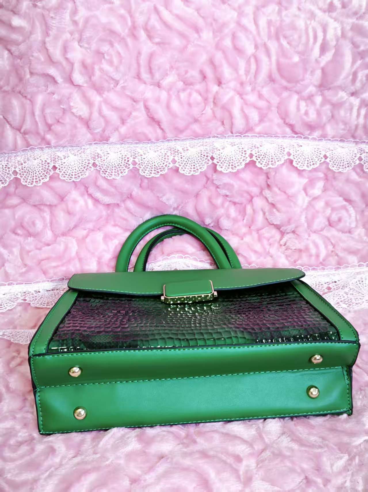 Dark Green & Crocodile-Print 2-Piece Handbag