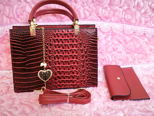 Burgundy Crocodile-Print 3-Piece Handbag with Pendant