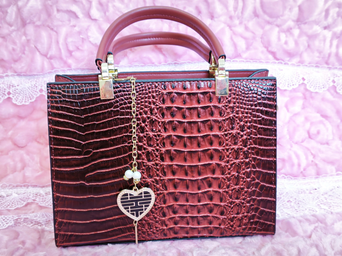 Burgundy Crocodile Texture Heart Pendant Mother-Child Tote Bag (M153)