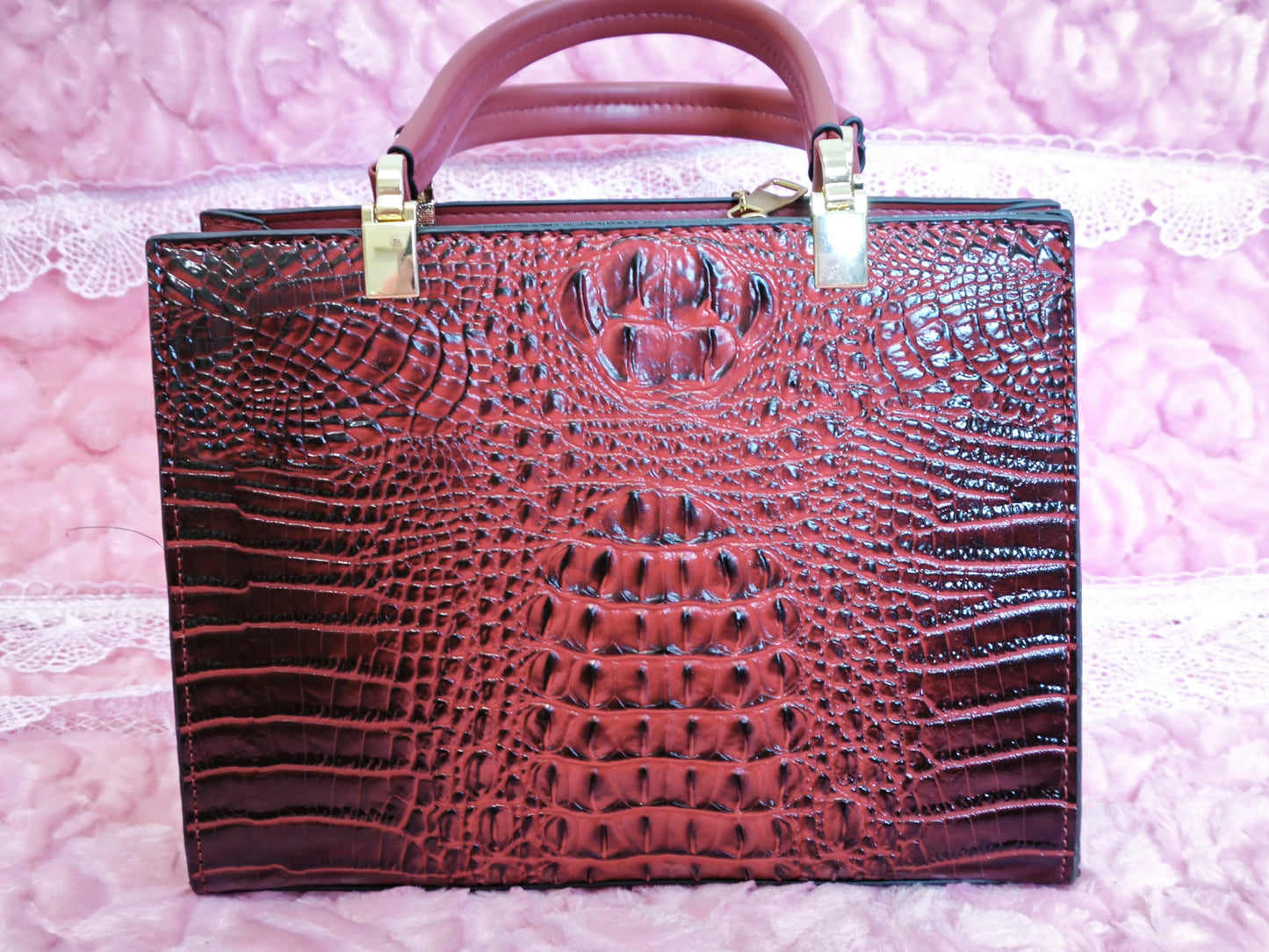 Burgundy Crocodile Texture Heart Pendant Mother-Child Tote Bag (M153)