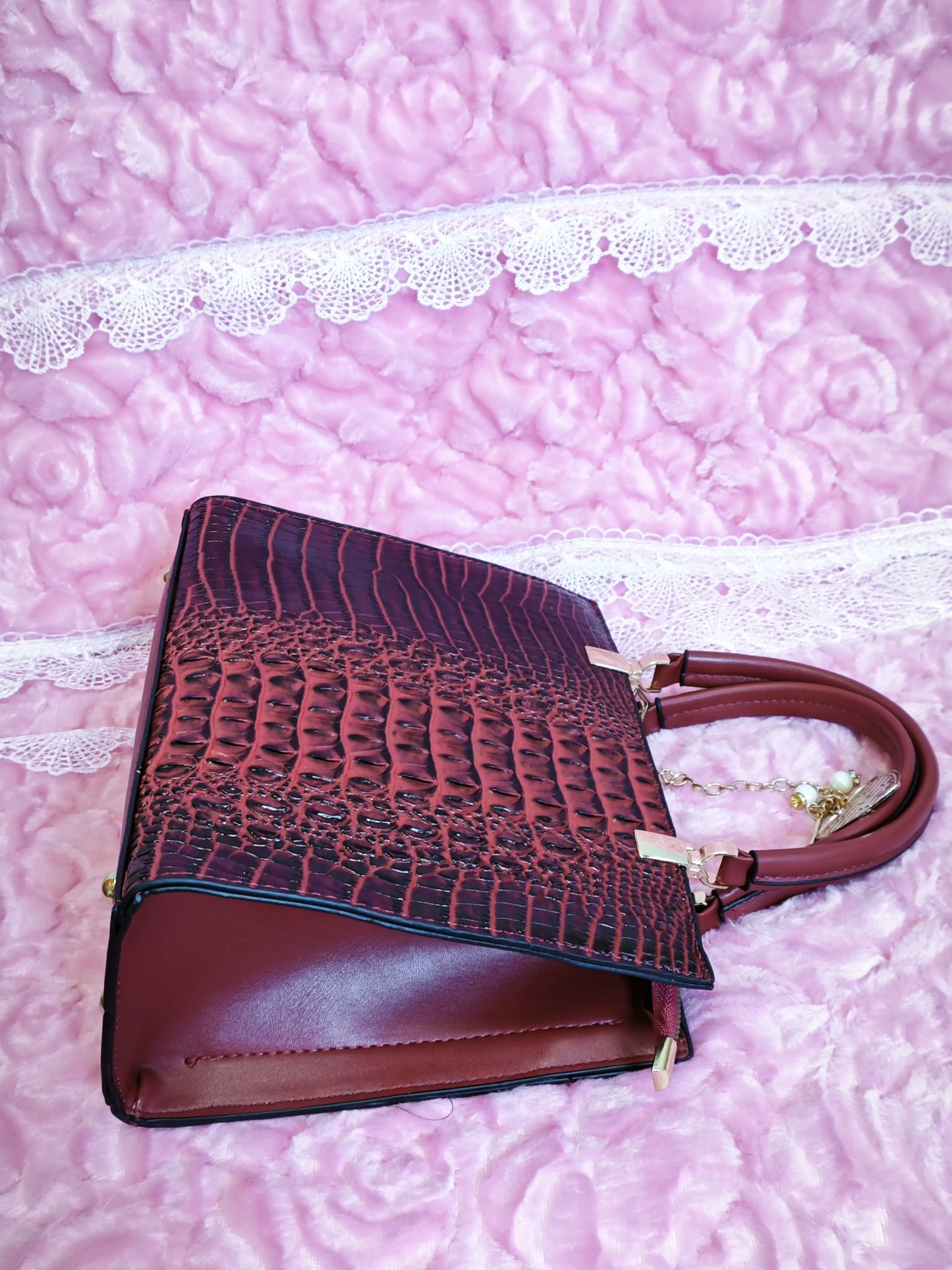 Burgundy Crocodile Texture Heart Pendant Mother-Child Tote Bag (M153)