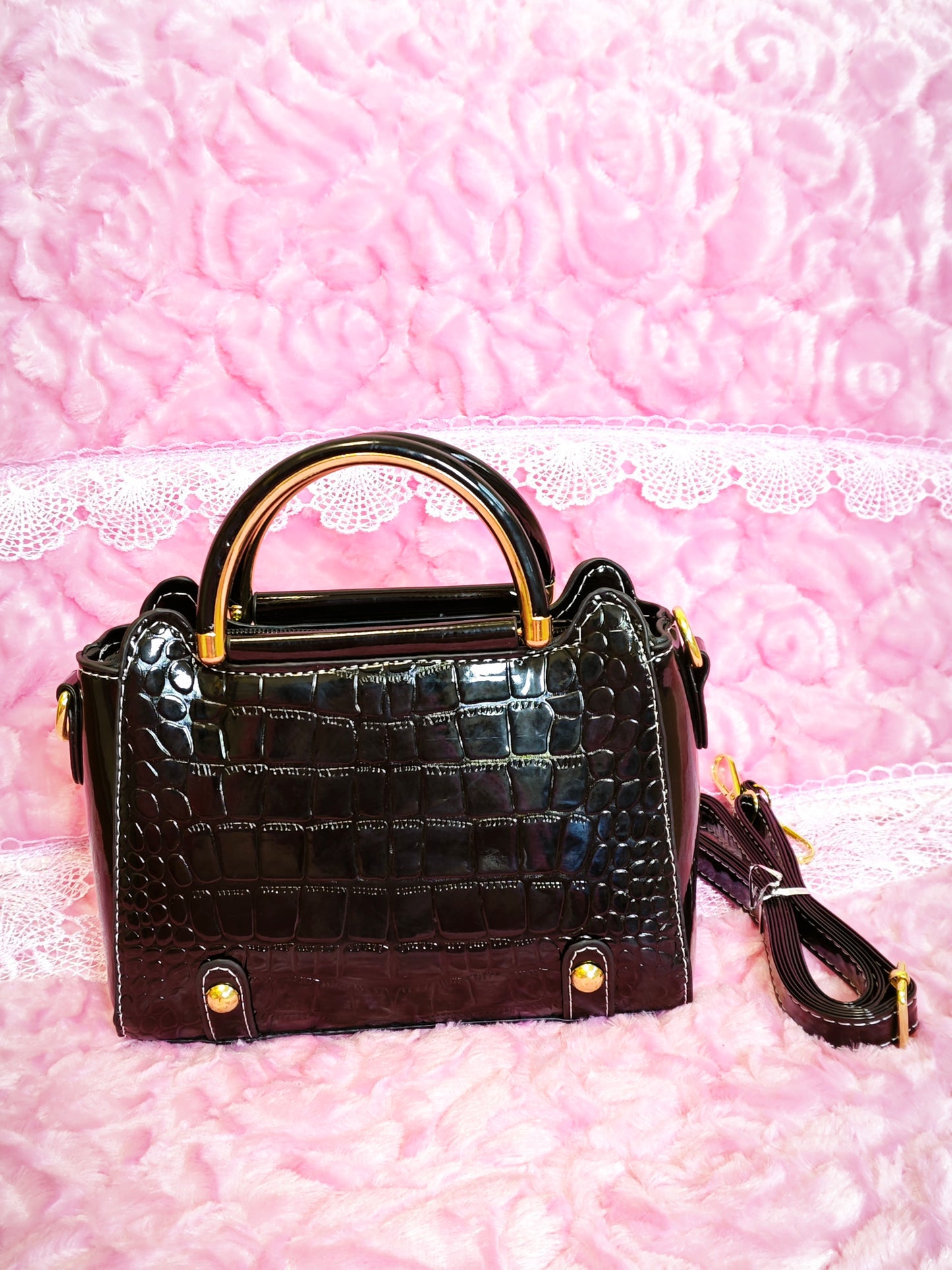Black Patent Crocodile Handbag