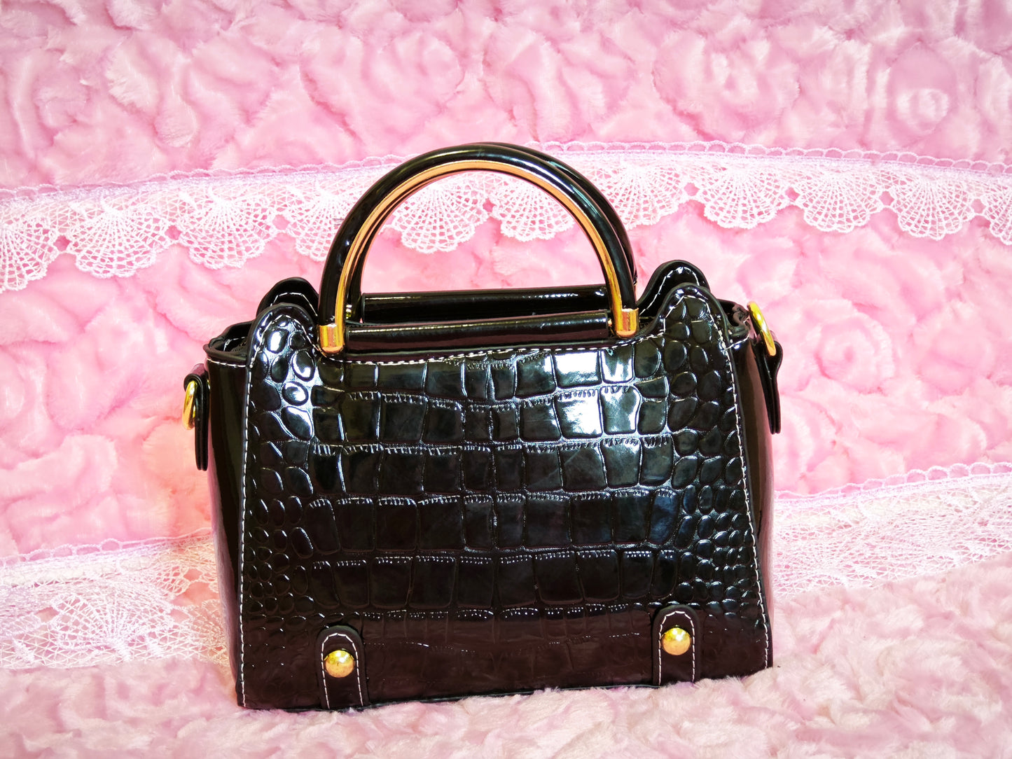 Black Patent Crocodile Handbag