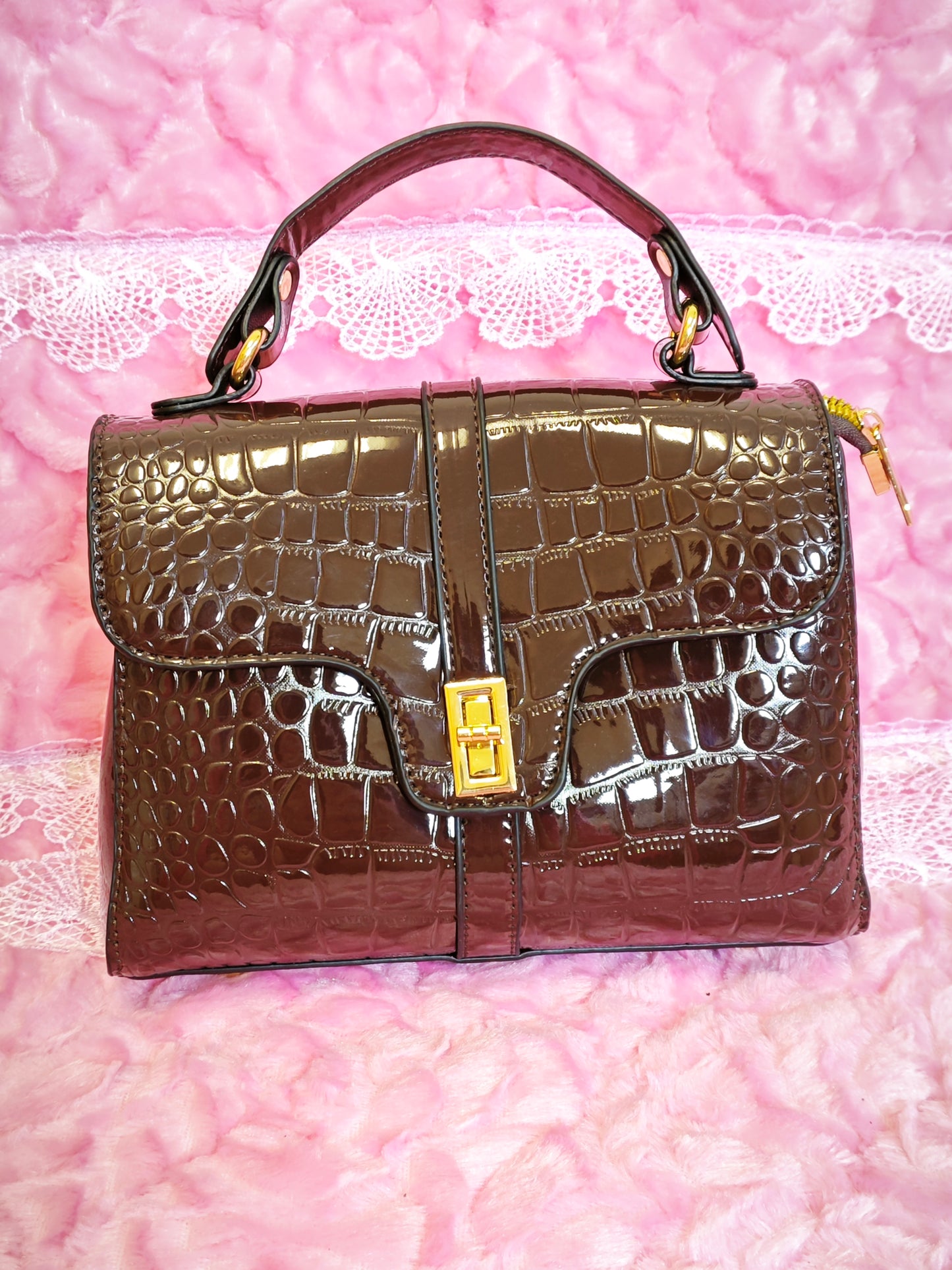 Dark Brown Patent Crocodile Handbag