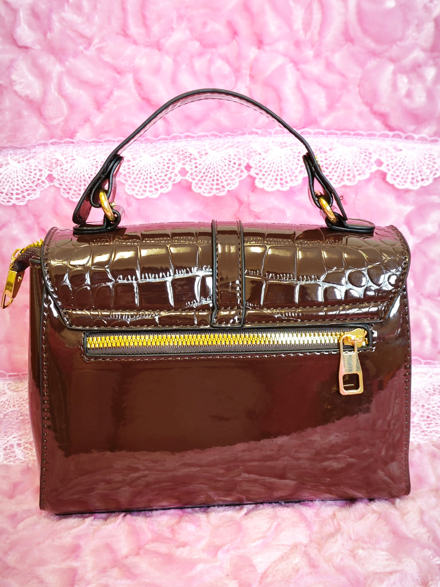 Dark Brown Patent Crocodile Handbag
